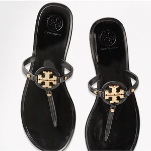 NEW Tory Burch Mini Miller Jelly Thong Sandals. Black and Gold. Size Women 7